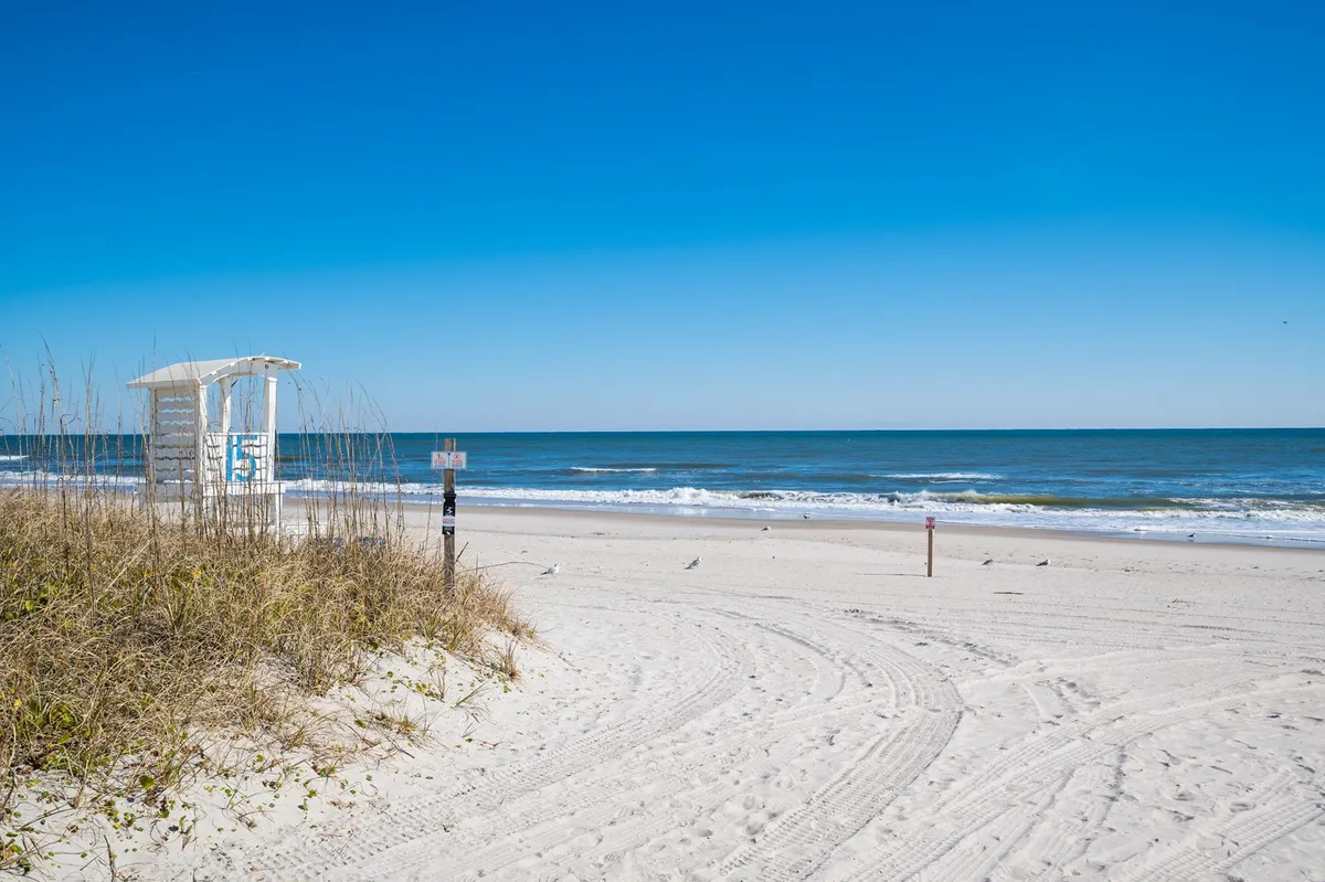 A bright, inviting scene of a sandy beach dotted with a lifeguard station, rolling ocean waves, and grassy dunes, evoking the joys of sunbathing, swimming, and classic beach activities.